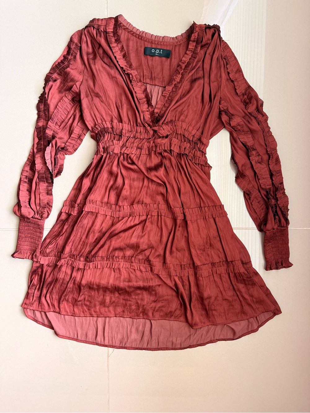 o.p.t Rust/Terracotta Satin Tiered Ruffle Mini Dress Size M